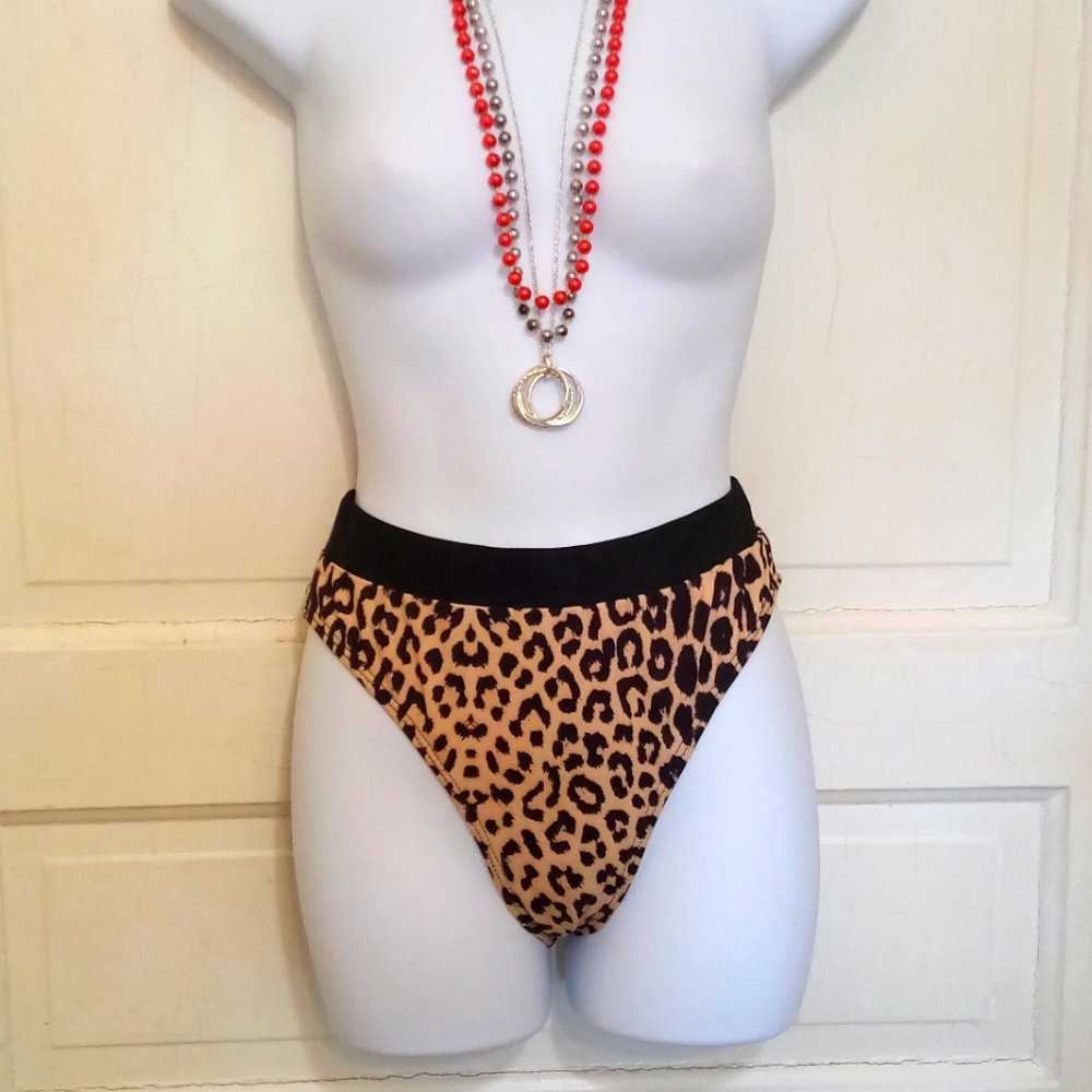 Ladies Black and Tan High-Cut Leopard Bikini Sz Sm